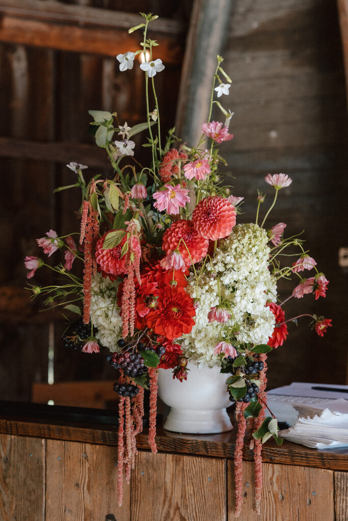 June Farm wedding flowers in Vermont, sustainable and wild-inspired floral arrangements for a summer wedding.